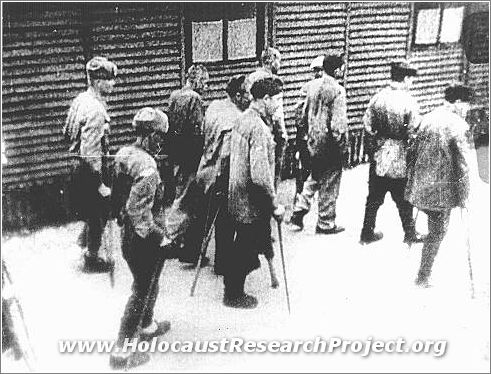 Soviet prisoners of war, survivors of the Majdanek camp, at the camp's liberation